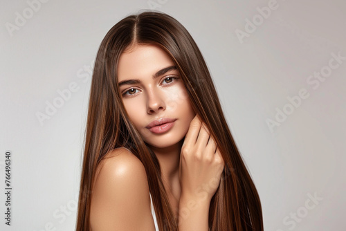 Beautiful model girl with shiny Brown and straight Long Hair. Young Woman touches her hair.isolated on solid white background.