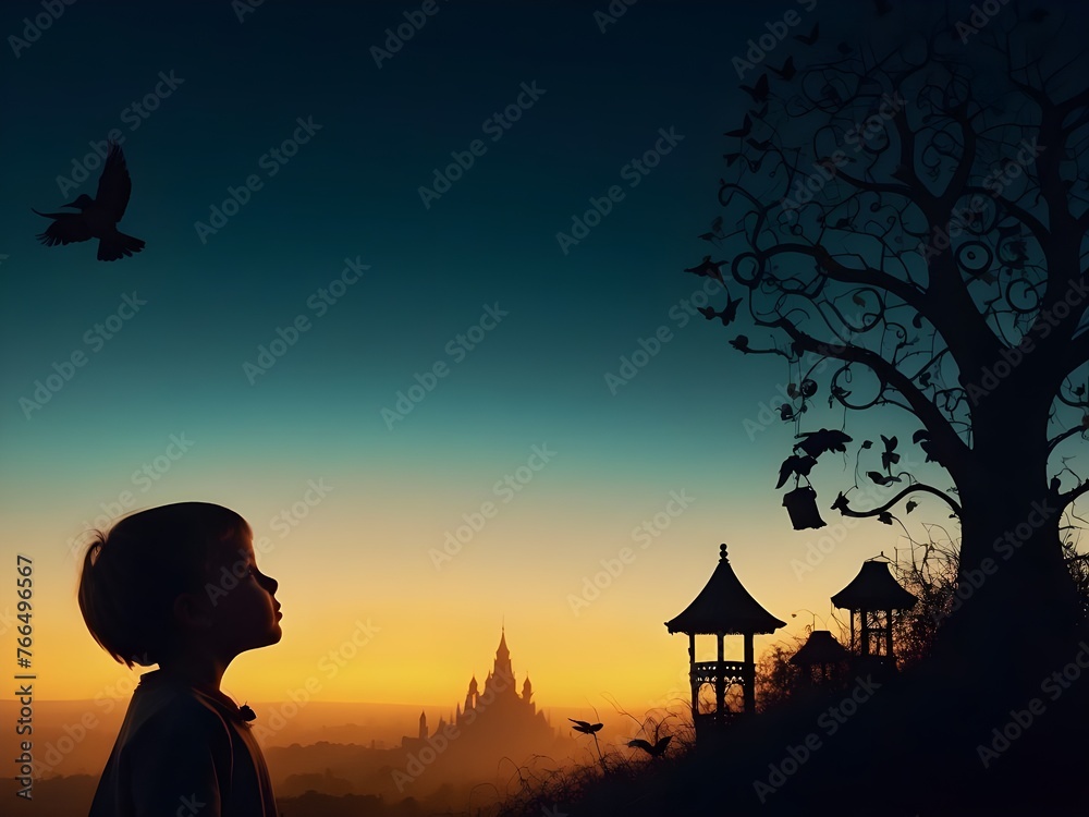 Naklejka premium Sunset Observer: A Person’s Silhouette Against the Backdrop of a Tranquil Sunset and Distant Architecture