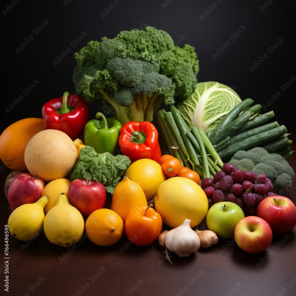 A variety of fresh fruits and vegetables are arranged together on a wooden table.