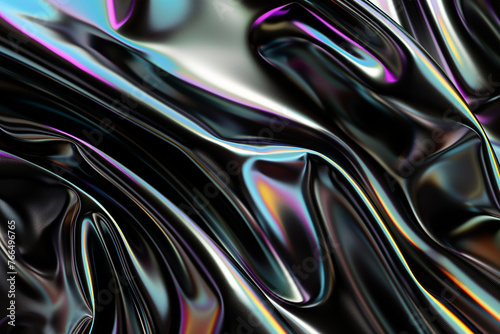Black holographic background, futuristic dynamic waves, iridescent wallpaper.