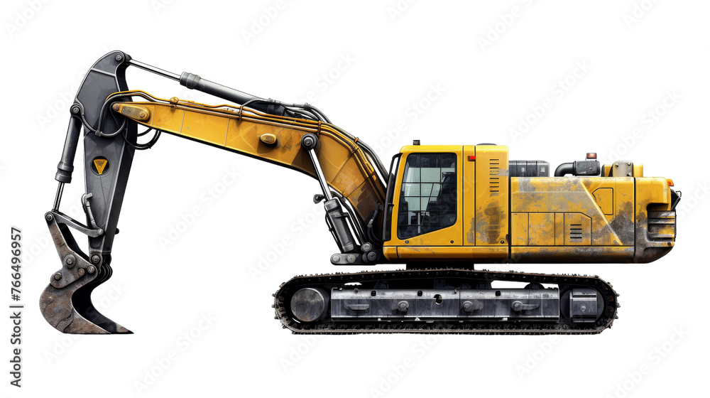 A yellow and black excavator in motion on a white background A yellow and black excavator in motion on a white background