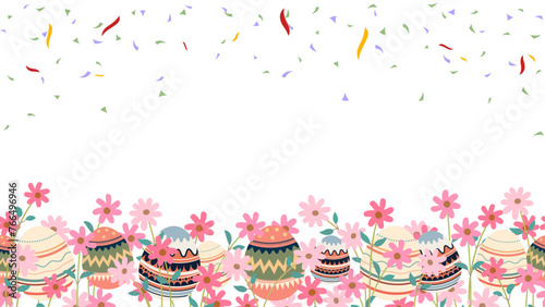 painted colorful Easter eggs, daisy and confetti banner background