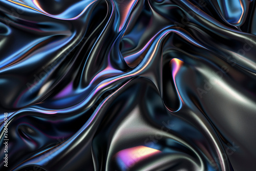 Black holographic background, futuristic dynamic waves, iridescent wallpaper.
