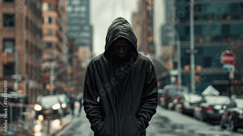 A man in a hoodie standing in a city street. Suitable for urban concepts