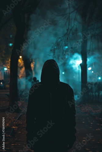 Person in a hoodie standing in a park at night. Suitable for mysterious and suspenseful themes