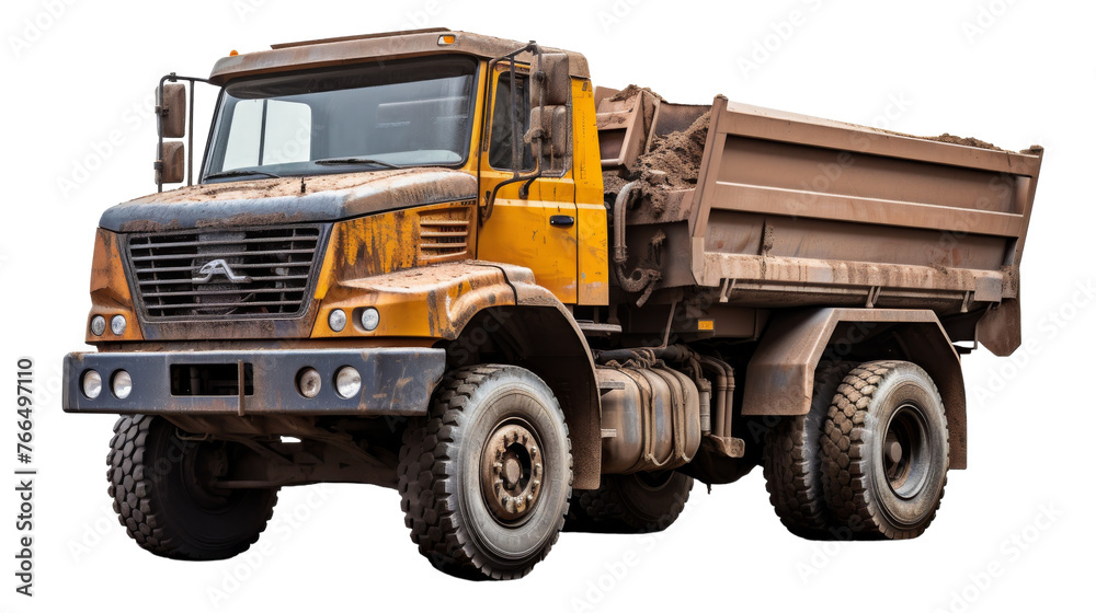 A yellow dump truck parked gracefully on a white surface