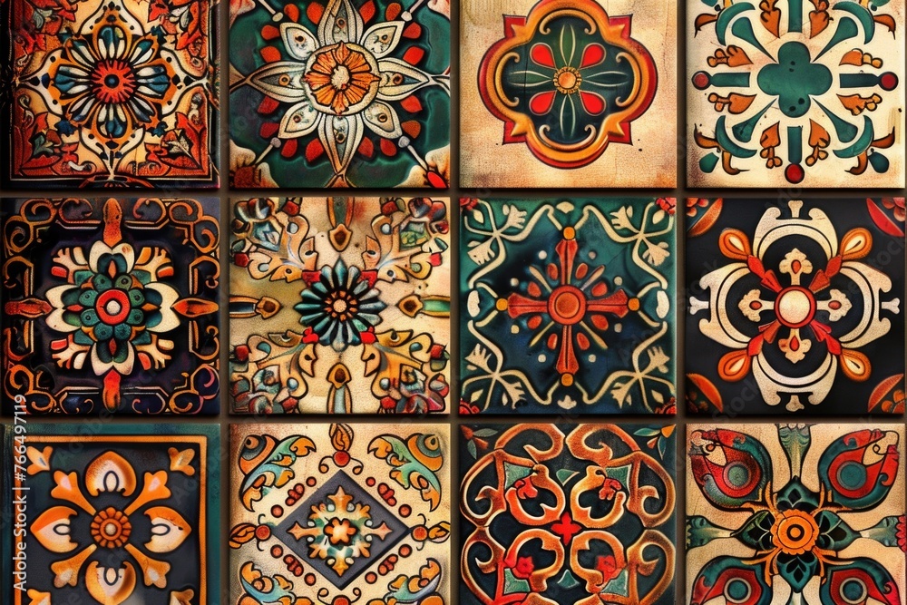 Various vibrant tile patterns on a wall, perfect for interior design projects