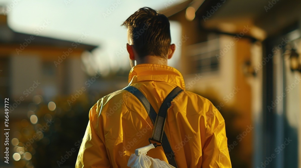 Fototapeta premium A man wearing a yellow jacket and carrying a bag. Suitable for various outdoor and travel concepts