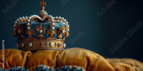 A royal golden crown on a golden pillow against a blue background. Symbols of UK United Kingdom monarchy. photo