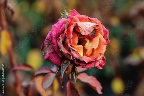 A close up view of a wilting rose.