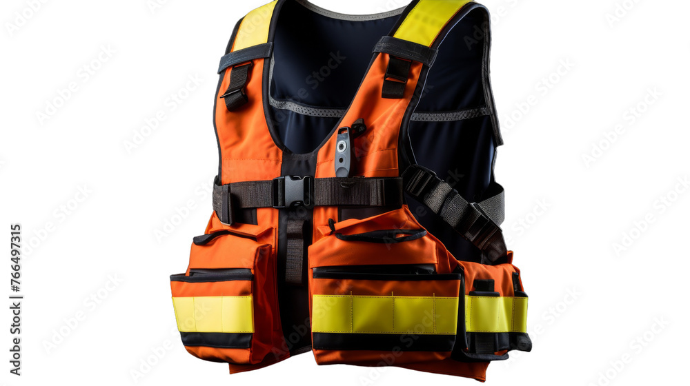 A bright orange life jacket with bold yellow and black stripes floating on water A bright orange life jacket with bold yellow and black stripes floating on water