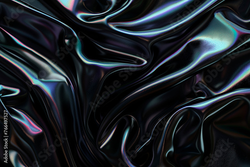 Black holographic background, futuristic dynamic waves, iridescent wallpaper.