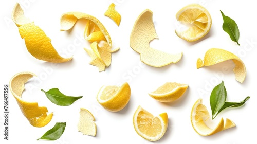 Fresh sliced lemons with leaves on a white background. Perfect for food and beverage concepts