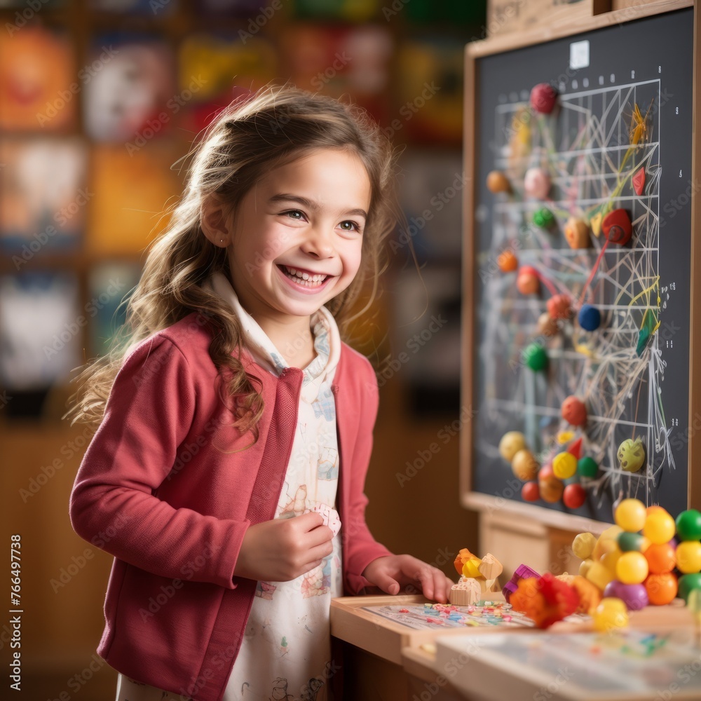 Little girl playing with colorful magnetic balls on a board