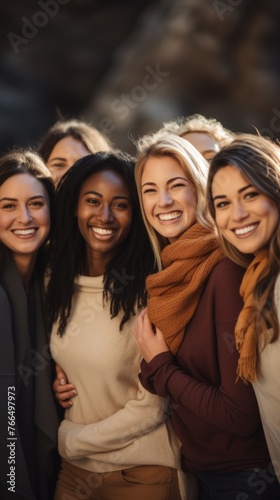 A group of diverse women smiling and embracing