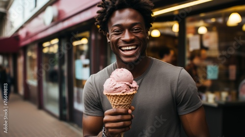 A young African-American man smiles while holding an ice cream cone with two scoops of strawberry ice cream