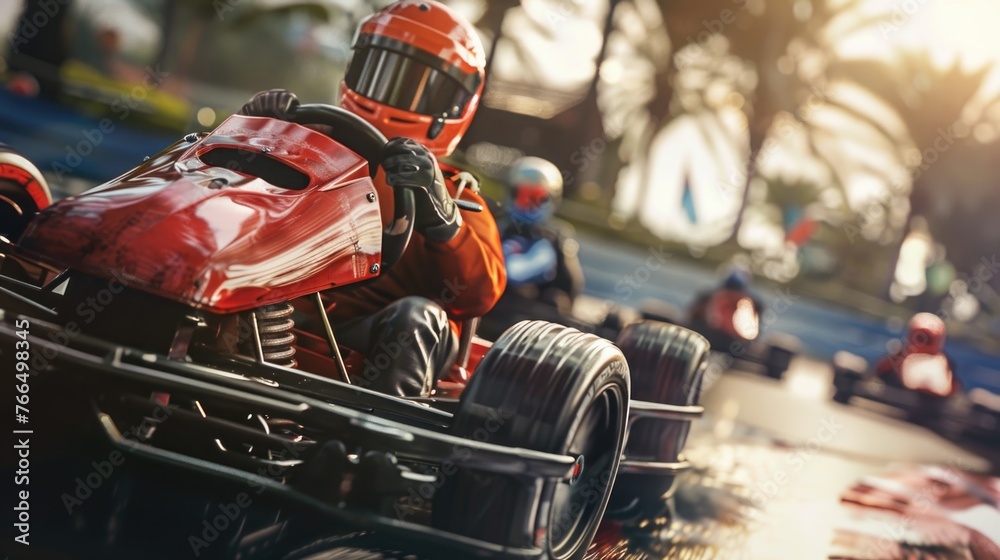 Obraz premium A red race car with a helmet on speeding down a race track. Ideal for sports or automotive concepts