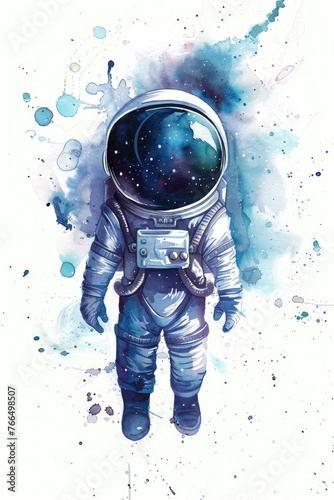 Watercolor whimsy A chibi astronaut adrift in space, set against white