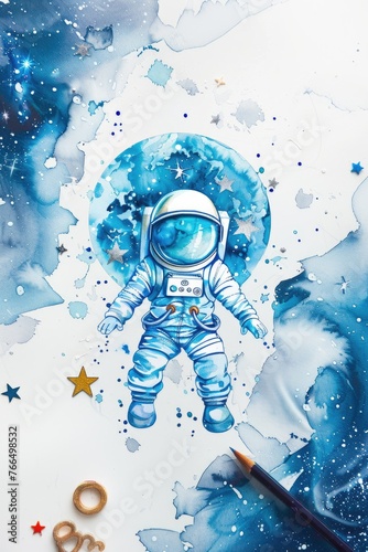 Whimsical chibi astronaut, in watercolor space, floating on a white canvas