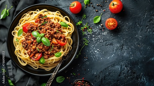 A plate of spaghetti with meat and tomatoes, perfect for food concepts
