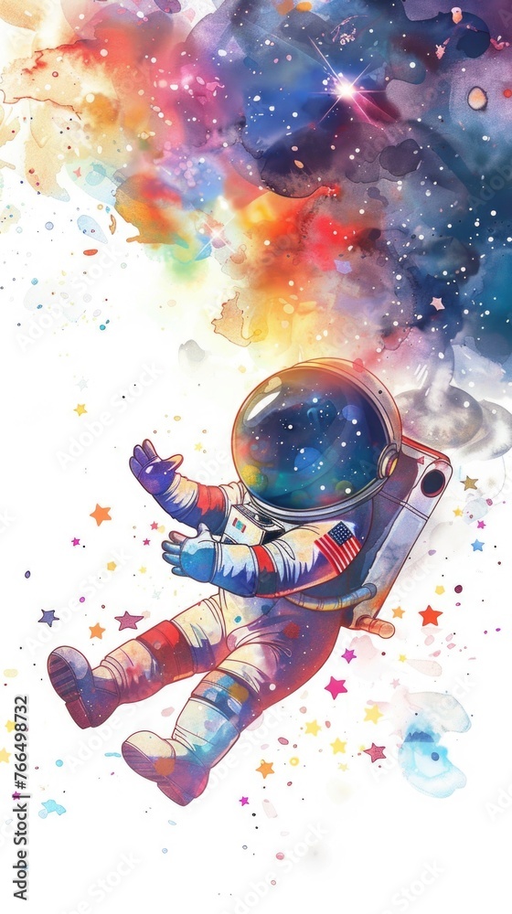 A dreamy watercolor of a chibi astronaut floating in cosmic space on white A dreamy watercolor of a chibi astronaut floating in cosmic space on white