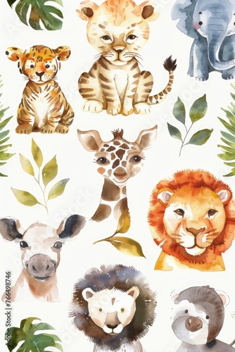 A delightful watercolor menagerie of cute zoo animals, arrayed on white background