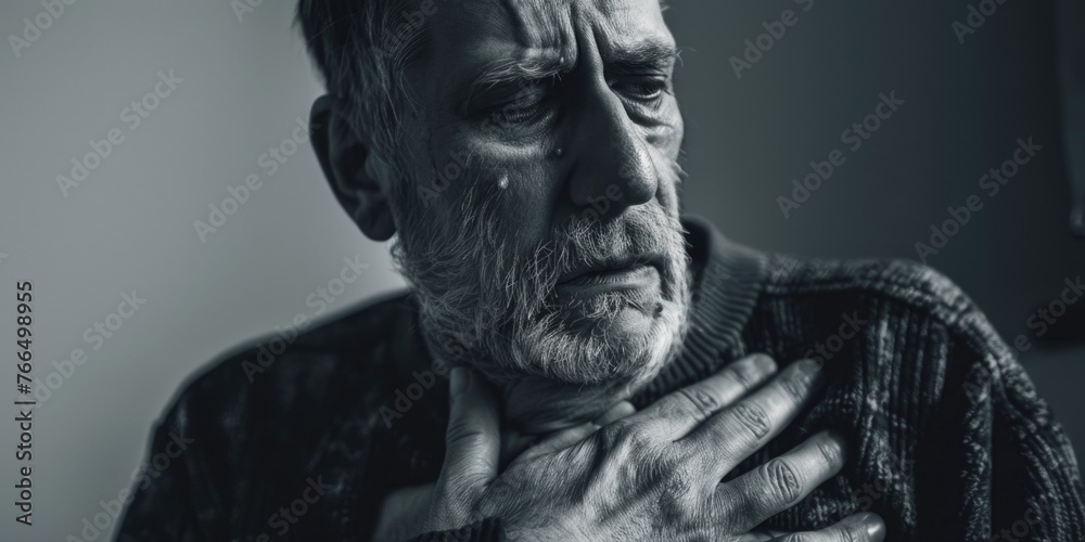 A black and white photo of a man with his hands on his chest. Suitable for various projects and designs