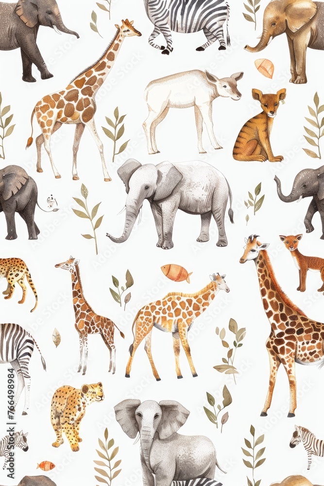 Charming watercolor illustrations of zoo animals, uniquely arranged on white Charming watercolor illustrations of zoo animals, uniquely arranged on white