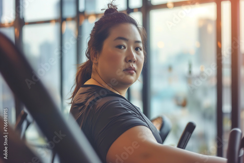 Asian fat woman is exercising in the gym