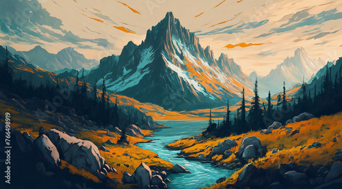 Generative AI illustration, Mountain view with a rich forest lake