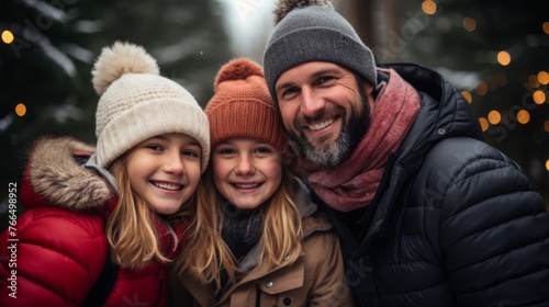 Happy family in winter clothes posing for a photo in the woods