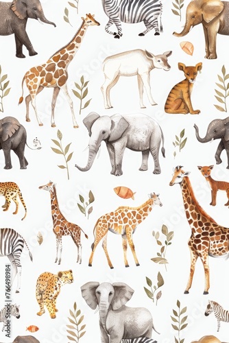 Charming watercolor illustrations of zoo animals  uniquely arranged on white