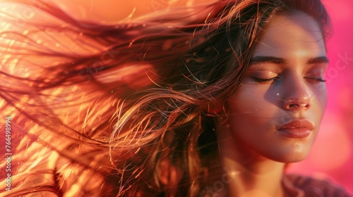 A woman with long hair blowing in the wind. Suitable for beauty and fashion concepts