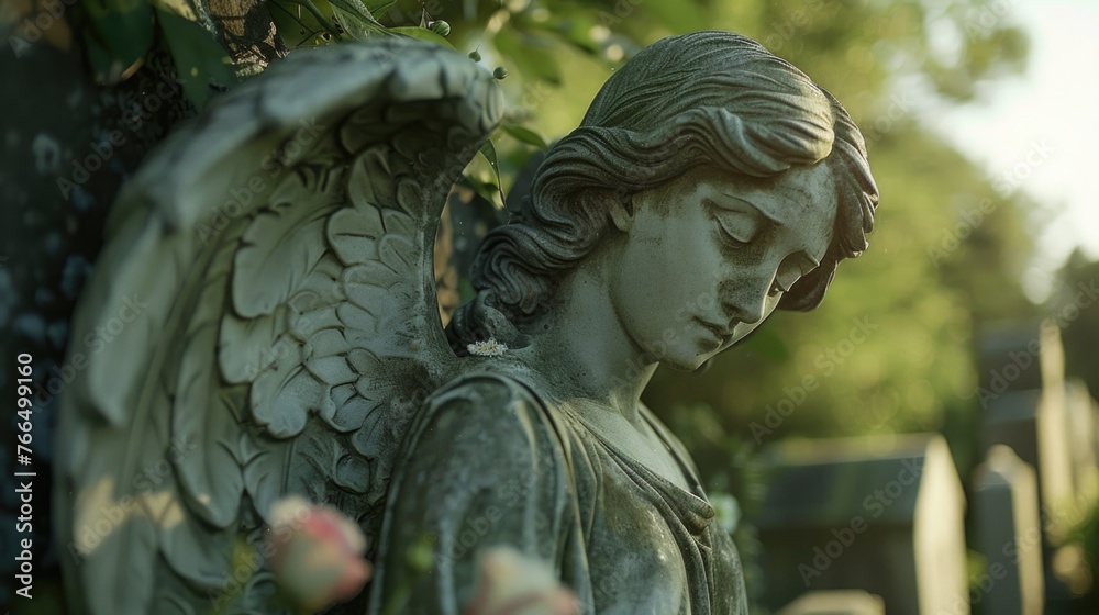 Naklejka premium A serene angel statue standing in a peaceful cemetery. Suitable for memorial or spiritual themes