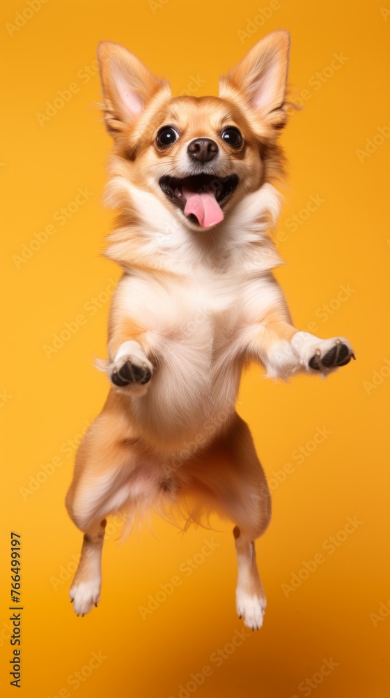 A Chihuahua jumping in mid-air with its tongue out