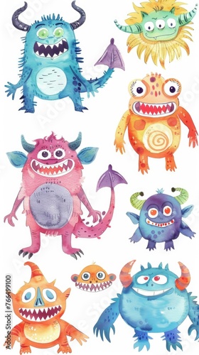 Colorful and playful cartoon monsters in watercolor, set against white