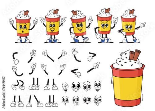 Cartoon Groovy Cup Of Frothy Drink Character Creation Kit. Vector Collection Of Vibrant Disposable Mug with Foam