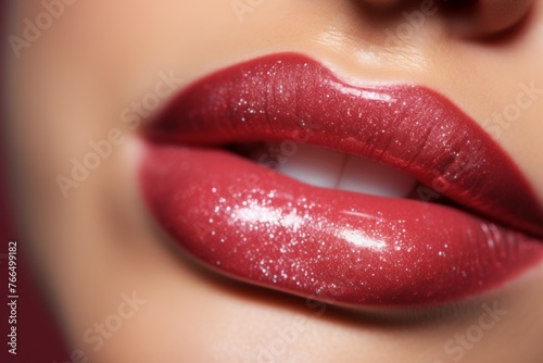 Close up of woman's lips with red glitter lipstick