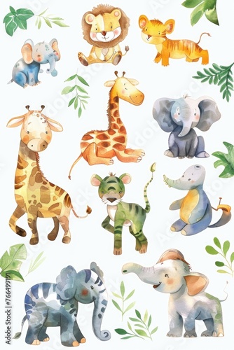 Cute zoo creatures in random, playful setups, painted in watercolors on white