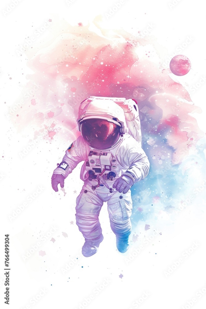 Ethereal watercolor depiction of a chibi astronaut floating in space on white