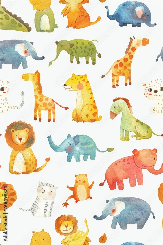 Obraz premium Joyful watercolor sketches of zoo animals in cute arrays, highlighted on white