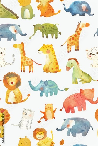 Joyful watercolor sketches of zoo animals in cute arrays  highlighted on white