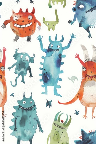 Lively  playful monsters depicted in watercolor  randomly on white