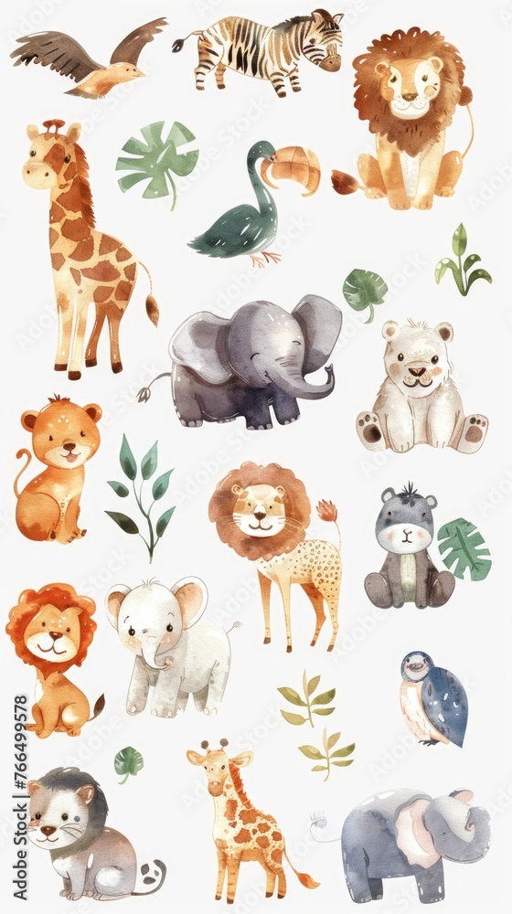 Obraz premium Randomly gathered cute zoo animals, depicted with watercolor finesse on white