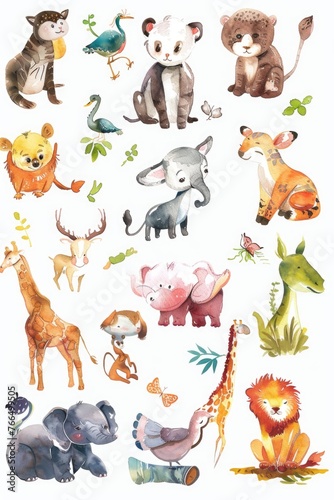 Random assortment of cute zoo animals  painted in watercolors on a white base