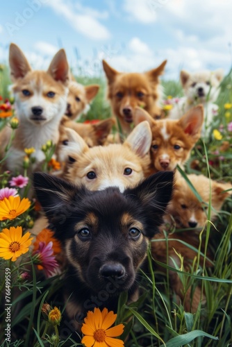 A group of puppies curiously peeking out from a flower field