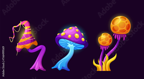 Fantasy Fairy Magic Mushrooms, Cartoon Vector Fungi Plants. Natural Fairytale Toadstool Game Assets, Poisonous Fungus