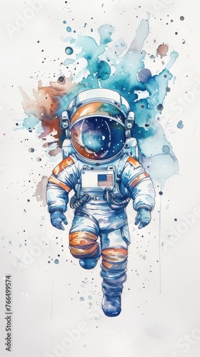 Random scenes of a chibi astronaut in watercolor, adrift in space on white