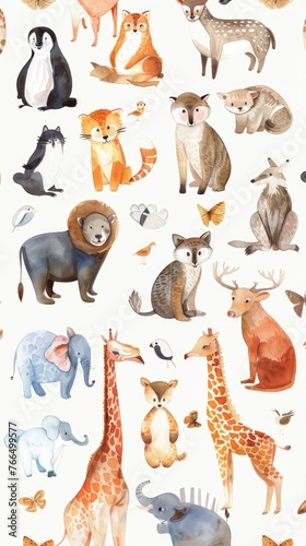 Randomly gathered cute zoo animals, depicted with watercolor finesse on white © Pungu x