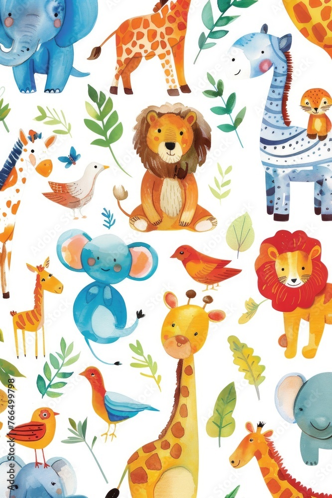 Watercolor art of adorable zoo animals in varied scenes on a pure white background